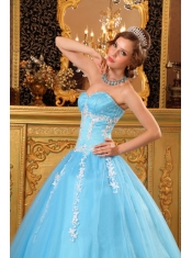 Aqua Blue Ball Gown Sweetheart Floor-length Tulle Appliques Quinceanera Dress