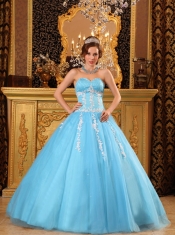 Aqua Blue Ball Gown Sweetheart Floor-length Tulle Appliques Quinceanera Dress