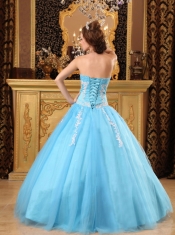 Aqua Blue Ball Gown Sweetheart Floor-length Tulle Appliques Quinceanera Dress