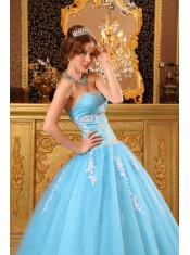 Aqua Blue Ball Gown Sweetheart Floor-length Tulle Appliques Quinceanera Dress
