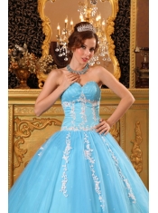 Aqua Blue Ball Gown Sweetheart Floor-length Tulle Appliques Quinceanera Dress