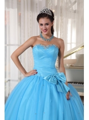 Aqua Blue Ball Gown Sweetheart Floor-length Tulle Beading and Bowknot Quinceanera Dress