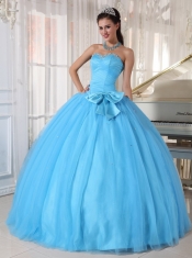 Aqua Blue Ball Gown Sweetheart Floor-length Tulle Beading and Bowknot Quinceanera Dress