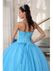 Aqua Blue Ball Gown Sweetheart Floor-length Tulle Beading and Bowknot Quinceanera Dress