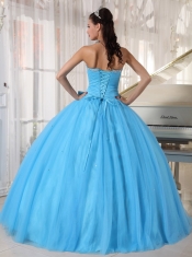 Aqua Blue Ball Gown Sweetheart Floor-length Tulle Beading and Bowknot Quinceanera Dress