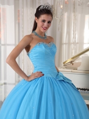 Aqua Blue Ball Gown Sweetheart Floor-length Tulle Beading and Bowknot Quinceanera Dress