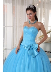 Aqua Blue Ball Gown Sweetheart Floor-length Tulle Beading and Bowknot Quinceanera Dress