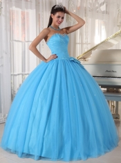 Aqua Blue Ball Gown Sweetheart Floor-length Tulle Beading and Bowknot Quinceanera Dress