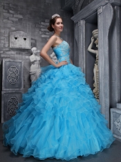 Aqua Blue Ball Gown Sweetheart Neck Floor-length Taffeta and Organza Beading and Appliques Quinceanera Dress