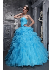 Aqua Blue Ball Gown Sweetheart Neck Floor-length Taffeta and Organza Beading and Appliques Quinceanera Dress