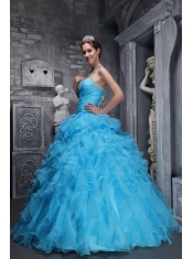 Aqua Blue Ball Gown Sweetheart Neck Floor-length Taffeta and Organza Beading and Appliques Quinceanera Dress