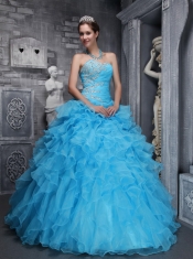 Aqua Blue Ball Gown Sweetheart Neck Floor-length Taffeta and Organza Beading and Appliques Quinceanera Dress