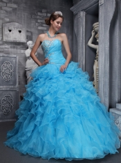 Aqua Blue Ball Gown Sweetheart Neck Floor-length Taffeta and Organza Beading and Appliques Quinceanera Dress