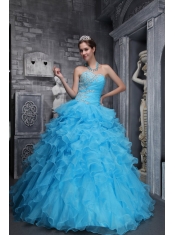 Aqua Blue Ball Gown Sweetheart Neck Floor-length Taffeta and Organza Beading and Appliques Quinceanera Dress