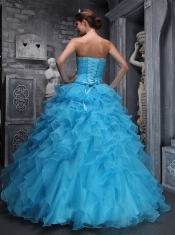 Aqua Blue Ball Gown Sweetheart Neck Floor-length Taffeta and Organza Beading and Appliques Quinceanera Dress
