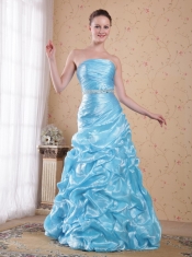 Aqua Blue Column / Sheath Strapless Floor-length Organza Beading Prom Dress