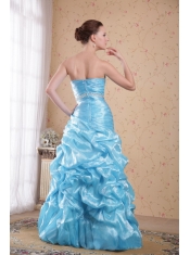 Aqua Blue Column / Sheath Strapless Floor-length Organza Beading Prom Dress