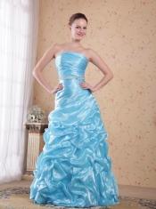 Aqua Blue Column / Sheath Strapless Floor-length Organza Beading Prom Dress
