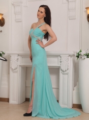 Aqua Blue Column One Shoulder Brush Train Chiffon Beading Prom / Pageant Dress Aqua Blue Column One Shoulder Brush Train Chiffon Beading Prom / Pageant Dress