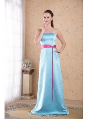 Aqua Blue Empire Strapless Brush Train Satin Sash Prom   Dress