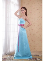 Aqua Blue Empire Strapless Brush Train Satin Sash Prom Dress