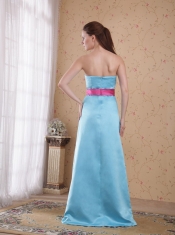 Aqua Blue Empire Strapless Brush Train Satin Sash Prom   Dress