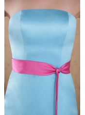 Aqua Blue Empire Strapless Brush Train Satin Sash Prom   Dress