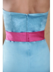 Aqua Blue Empire Strapless Brush Train Satin Sash Prom   Dress
