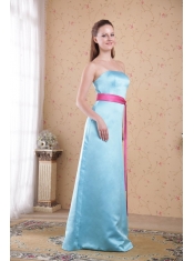 Aqua Blue Empire Strapless Brush Train Satin Sash Prom   Dress