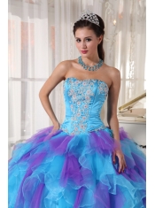 Baby Blue and Purple Ball Gown Strapless Floor-length Organza Appliques Quinceanera Dress