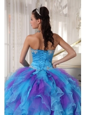 Baby Blue and Purple Ball Gown Strapless Floor-length Organza Appliques Quinceanera Dress