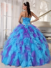 Baby Blue and Purple Ball Gown Strapless Floor-length Organza Appliques Quinceanera Dress