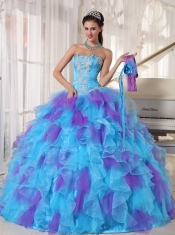 Baby Blue and Purple Ball Gown Strapless Floor-length Organza Appliques Quinceanera Dress