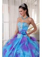 Baby Blue and Purple Ball Gown Strapless Floor-length Organza Appliques Quinceanera Dress