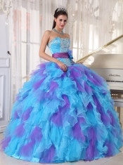 Baby Blue and Purple Ball Gown Strapless Floor-length Organza Appliques Quinceanera Dress