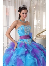 Baby Blue and Purple Ball Gown Strapless Floor-length Organza Appliques Quinceanera Dress