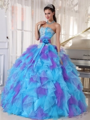 Baby Blue and Purple Ball Gown Strapless Floor-length Organza Appliques Quinceanera Dress