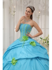 Hand Made Flowers Baby Blue Quinceanera Dress Strapless Taffeta Beading and Hand Flowers