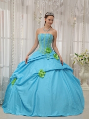 Hand Made Flowers Baby Blue Quinceanera Dress Strapless Taffeta Beading and Hand Flowers