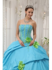 Hand Made Flowers Baby Blue Quinceanera Dress Strapless Taffeta Beading and Hand Flowers