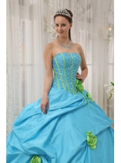 Hand Made Flowers Baby Blue Quinceanera Dress Strapless Taffeta Beading and Hand Flowers