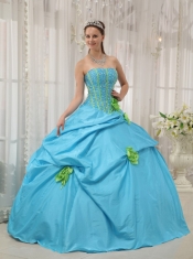 Hand Made Flowers Baby Blue Quinceanera Dress Strapless Taffeta Beading and Hand Flowers