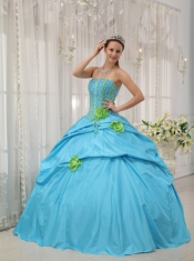 Hand Made Flowers Baby Blue Quinceanera Dress Strapless Taffeta Beading and Hand Flowers