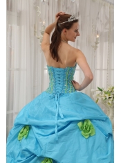 Hand Made Flowers Baby Blue Quinceanera Dress Strapless Taffeta Beading and Hand Flowers