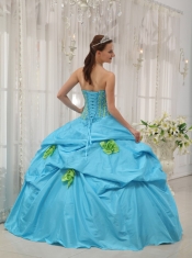 Hand Made Flowers Baby Blue Quinceanera Dress Strapless Taffeta Beading and Hand Flowers