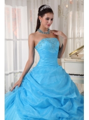 Baby Blue Ball Gown Strapless Floor-length Organza Appliques Quinceanera Dress