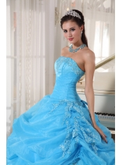 Baby Blue Ball Gown Strapless Floor-length Organza Appliques Quinceanera Dress