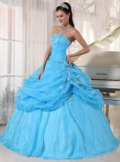 Baby Blue Ball Gown Strapless Floor-length Organza Appliques Quinceanera Dress