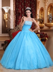 Baby Blue Ball Gown Strapless Floor-length Organza Appliques Quinceanera Dress