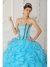 Baby Blue Ball Gown Strapless Floor-length Organza Appliques Sweet 16 Dress